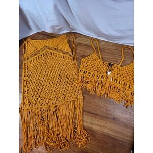 NWT Nasty Girl Macrame Gold Trim Tassel Bralet & Maxi Skirt Set  Large Orange